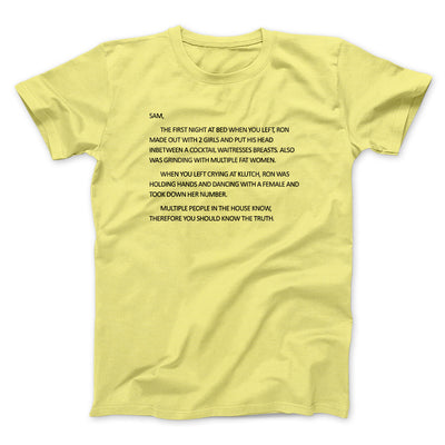 Letter To Sam Men/Unisex T-Shirt Cornsilk | Funny Shirt from Famous In Real Life