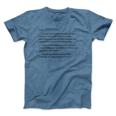 Letter To Sam Men/Unisex T-Shirt Heather Indigo | Funny Shirt from Famous In Real Life