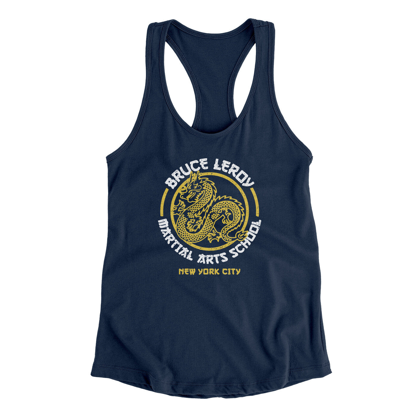 Bruce Leroy Martial Arts School Women's Racerback Tank Midnight Navy | Funny Shirt from Famous In Real Life
