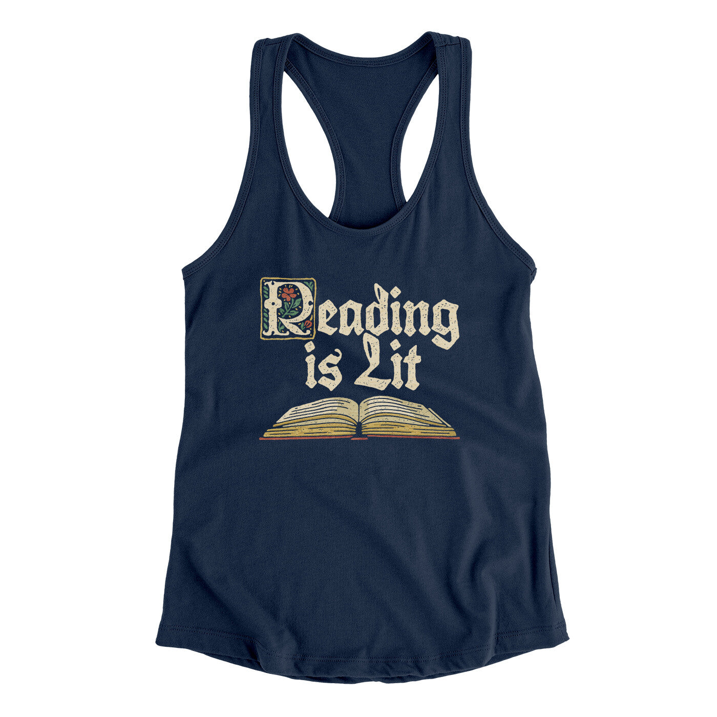 Reading Is Lit Women's Racerback Tank Midnight Navy | Funny Shirt from Famous In Real Life