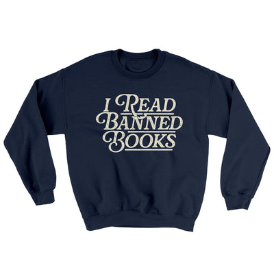 I Read Banned Books Ugly Sweater Navy | Funny Shirt from Famous In Real Life