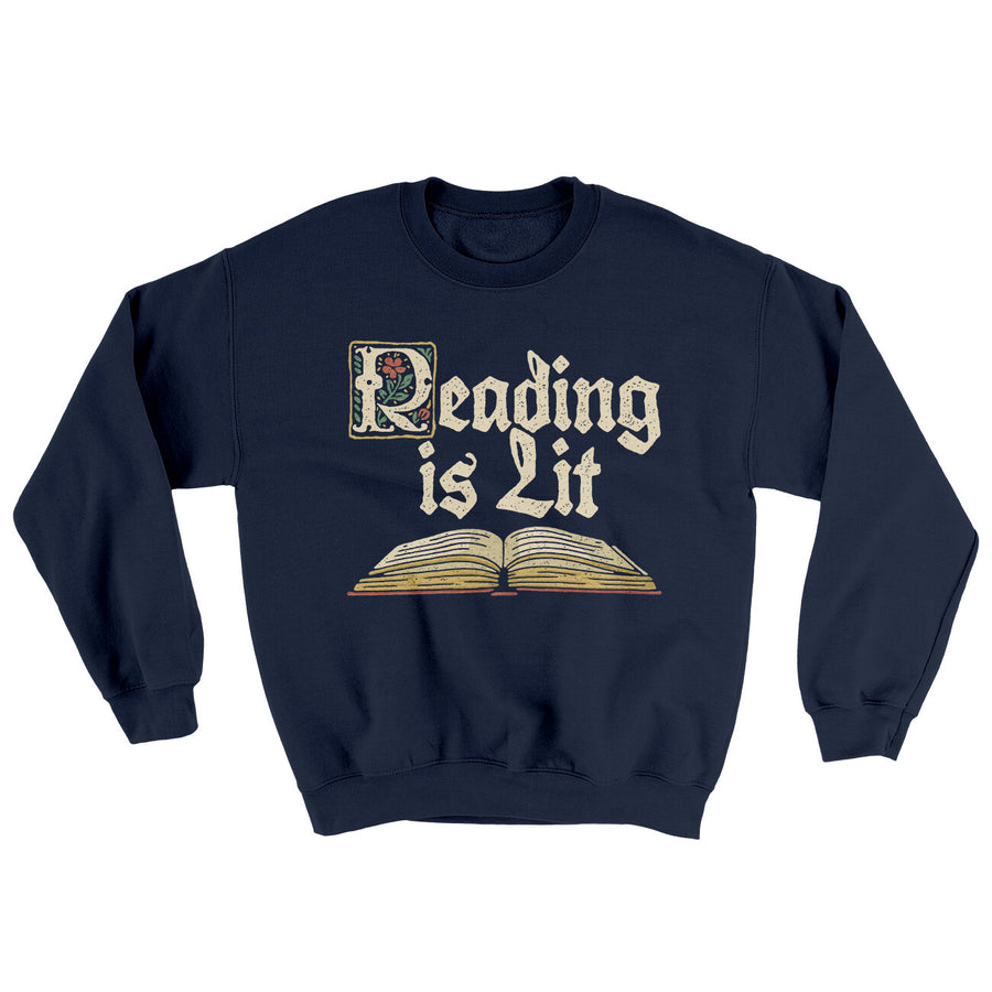 Reading Is Lit Ugly Sweater Navy | Funny Shirt from Famous In Real Life