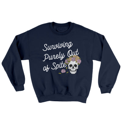 Surviving Purely On Spite Ugly Sweater Navy | Funny Shirt from Famous In Real Life