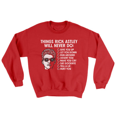 Things Rick Astley Would Never Do Ugly Sweater Red | Funny Shirt from Famous In Real Life