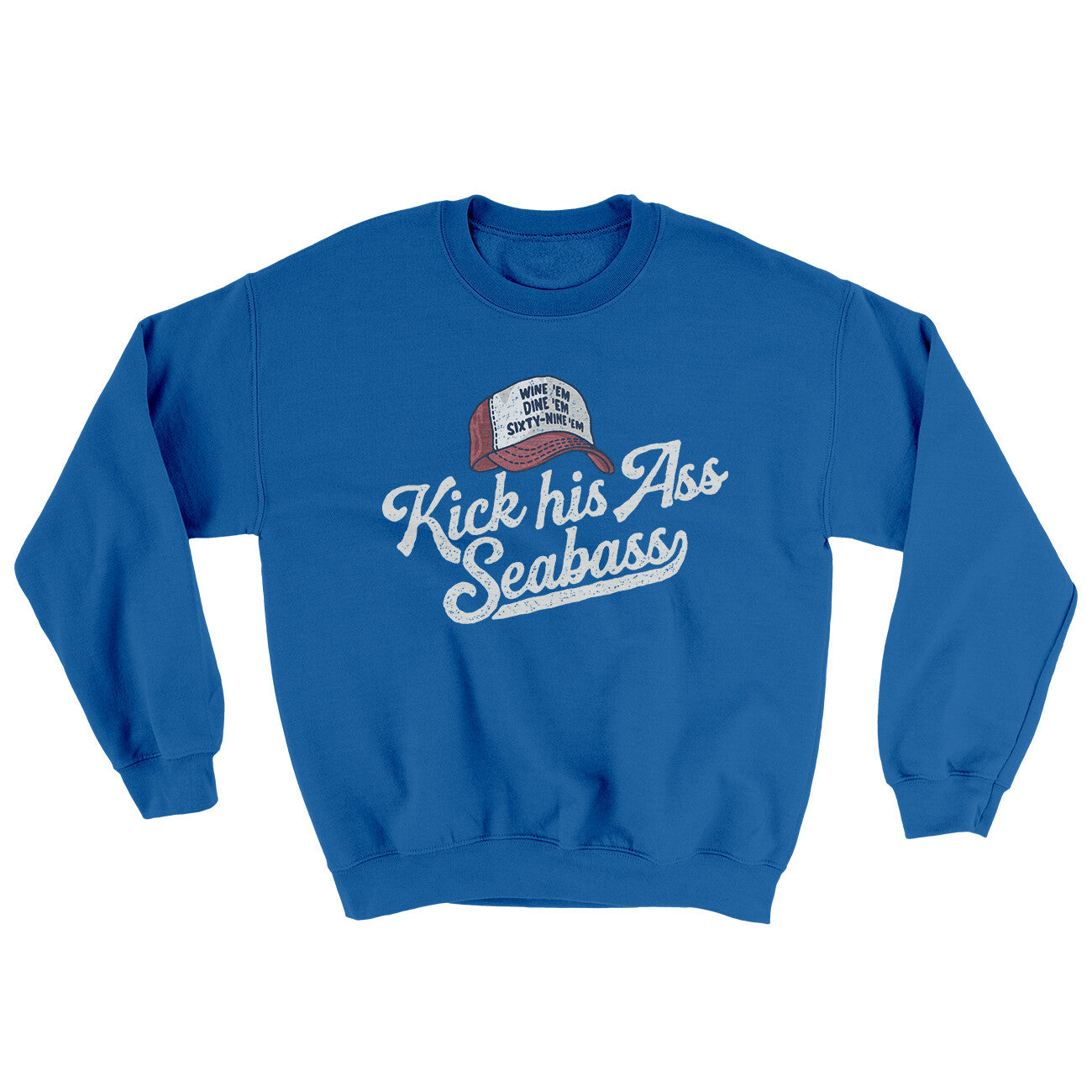 Kick His Ass Seabass Ugly Sweater Royal | Funny Shirt from Famous In Real Life