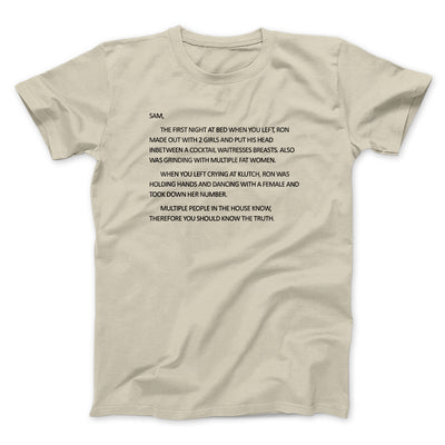 Letter To Sam Men/Unisex T-Shirt Sand | Funny Shirt from Famous In Real Life