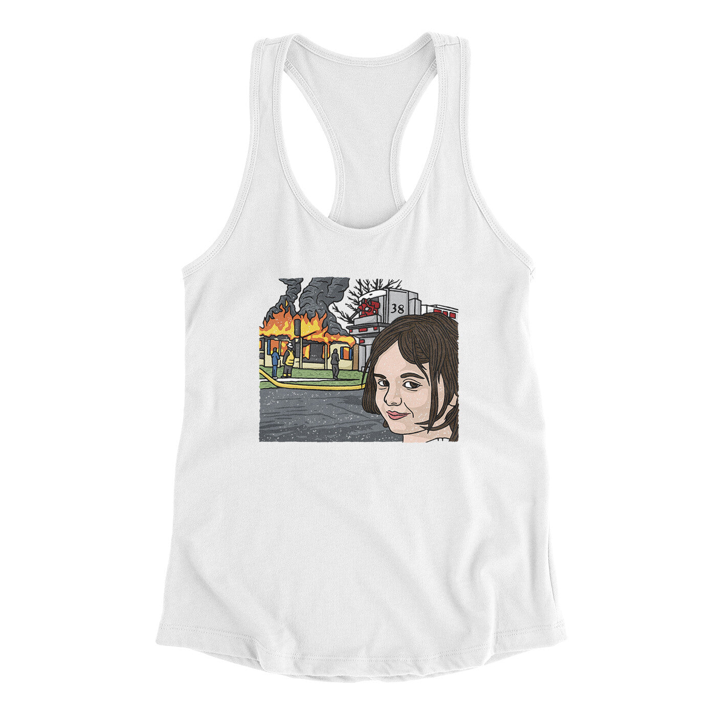 Disaster Girl Meme Funny Women's Racerback Tank White | Funny Shirt from Famous In Real Life