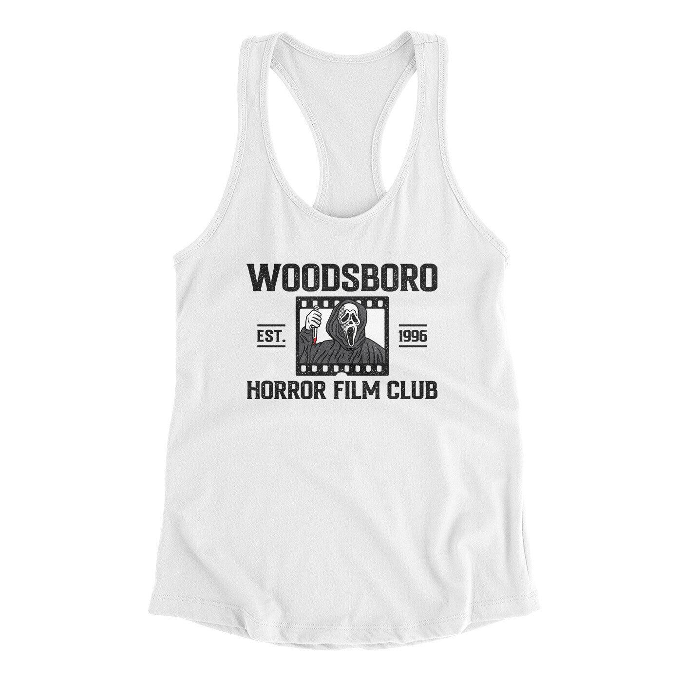 Woodsboro Horror Film Club Women's Racerback Tank White | Funny Shirt from Famous In Real Life