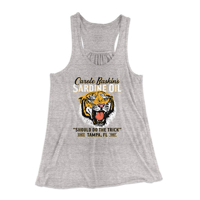 Carole Baskin's Sardine Oil Women's Flowey Tank Top Athletic Heather | Funny Shirt from Famous In Real Life