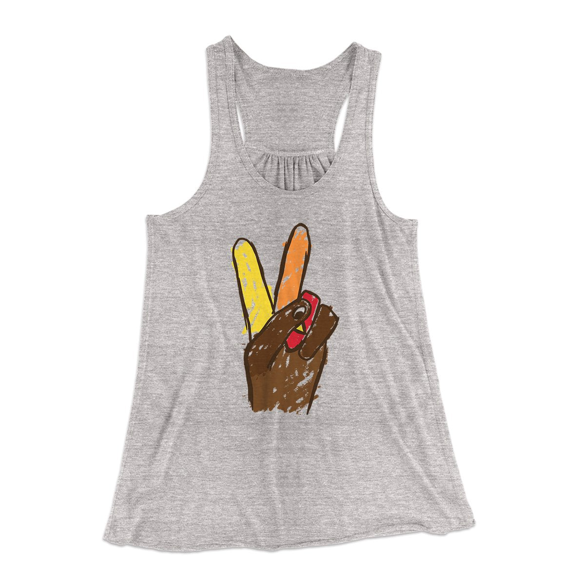 Peace Sign Hand Turkey Funny Thanksgiving Women's Flowey Tank Top Athletic Heather | Funny Shirt from Famous In Real Life