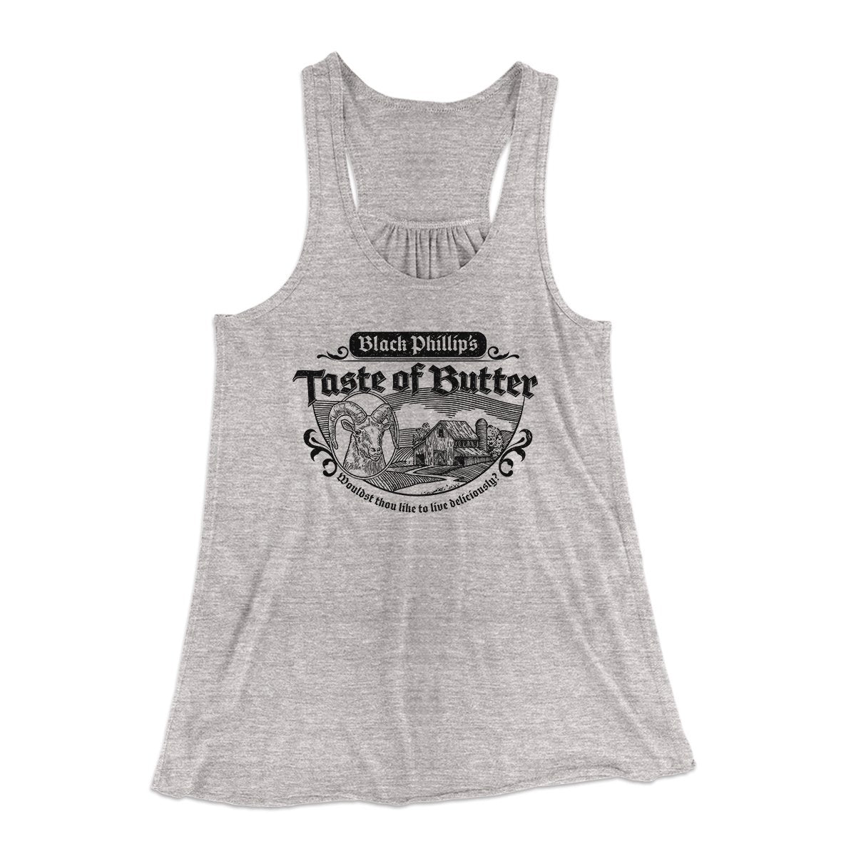 Black Phillip's Taste Of Butter Women's Flowey Tank Top Athletic Heather | Funny Shirt from Famous In Real Life