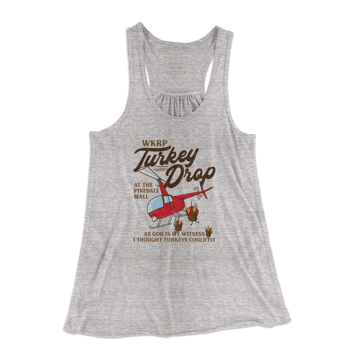 WKRP Turkey Drop Funny Thanksgiving Women's Flowey Tank Top Athletic Heather | Funny Shirt from Famous In Real Life
