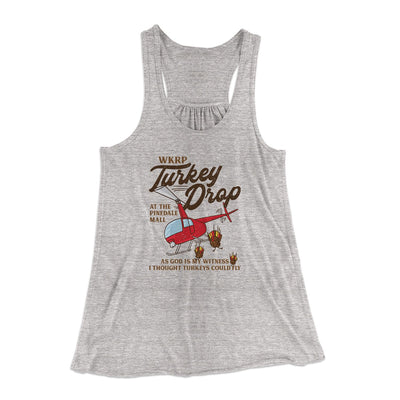 WKRP Turkey Drop Funny Thanksgiving Women's Flowey Tank Top Athletic Heather | Funny Shirt from Famous In Real Life