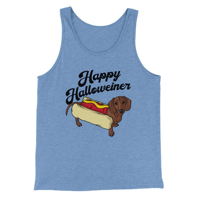 Happy Hallowiener Men/Unisex Tank Top Blue TriBlend | Funny Shirt from Famous In Real Life