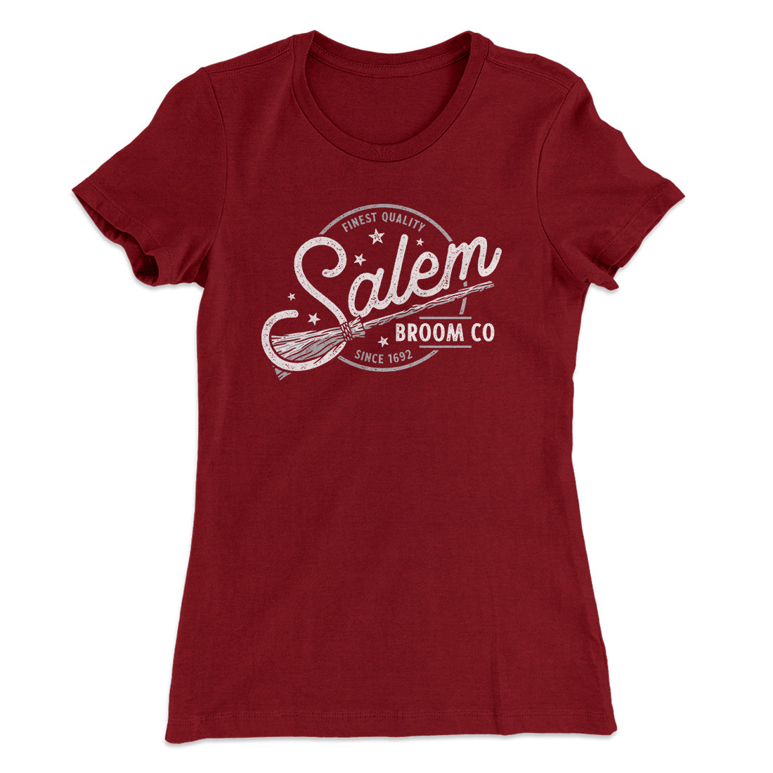 Salem Broom Company Women's T-Shirt Maroon | Funny Shirt from Famous In Real Life