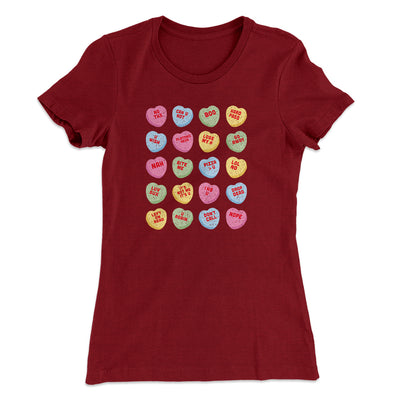 Candy Heart Anti-Valentines Women's T-Shirt Maroon | Funny Shirt from Famous In Real Life