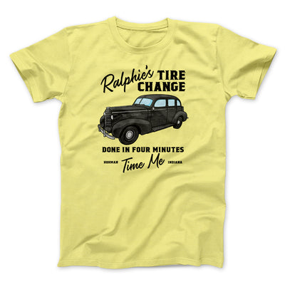 Ralphie's Tire Change Men/Unisex T-Shirt Maize Yellow | Funny Shirt from Famous In Real Life
