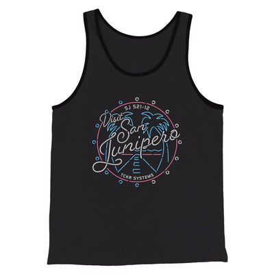 Visit San Junipero Funny Movie Men/Unisex Tank Top Dark Grey Heather/Black | Funny Shirt from Famous In Real Life