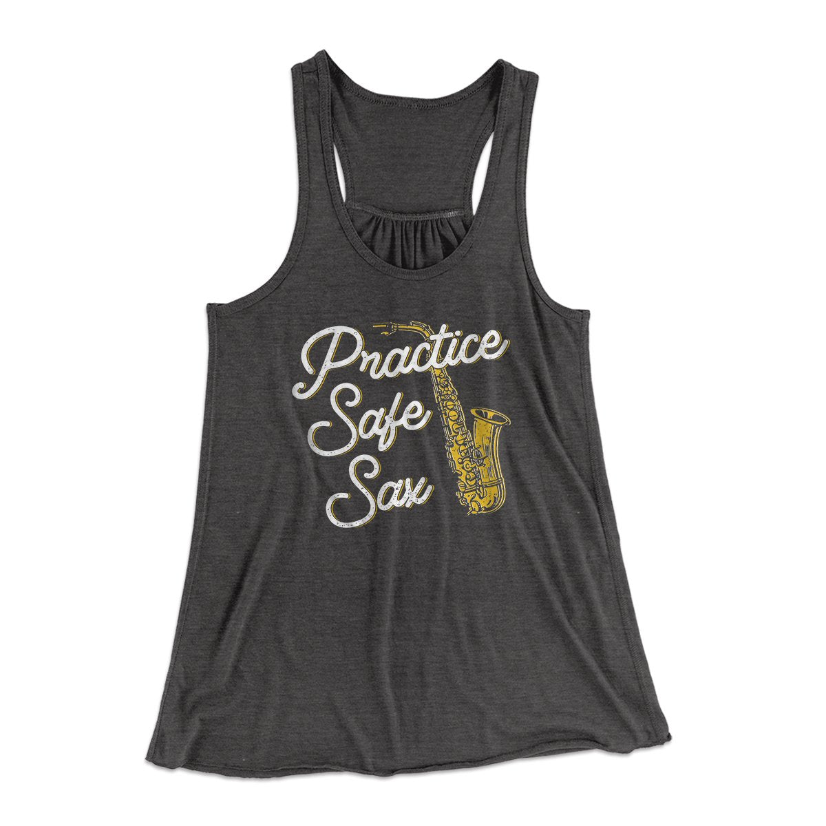Practice Safe Sax Women's Flowey Tank Top Dark Grey Heather | Funny Shirt from Famous In Real Life