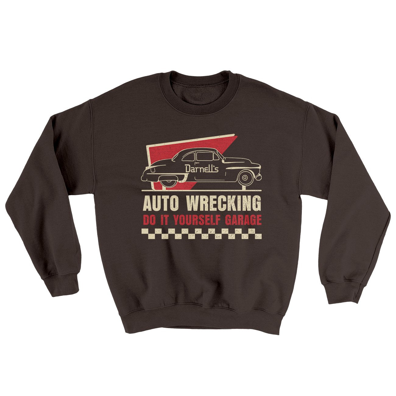 Darnell's Auto Wrecking Ugly Sweater Dark Chocolate | Funny Shirt from Famous In Real Life