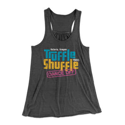 Truffle Shuffle Dance Off 1985 Women's Flowey Tank Top Dark Grey Heather | Funny Shirt from Famous In Real Life