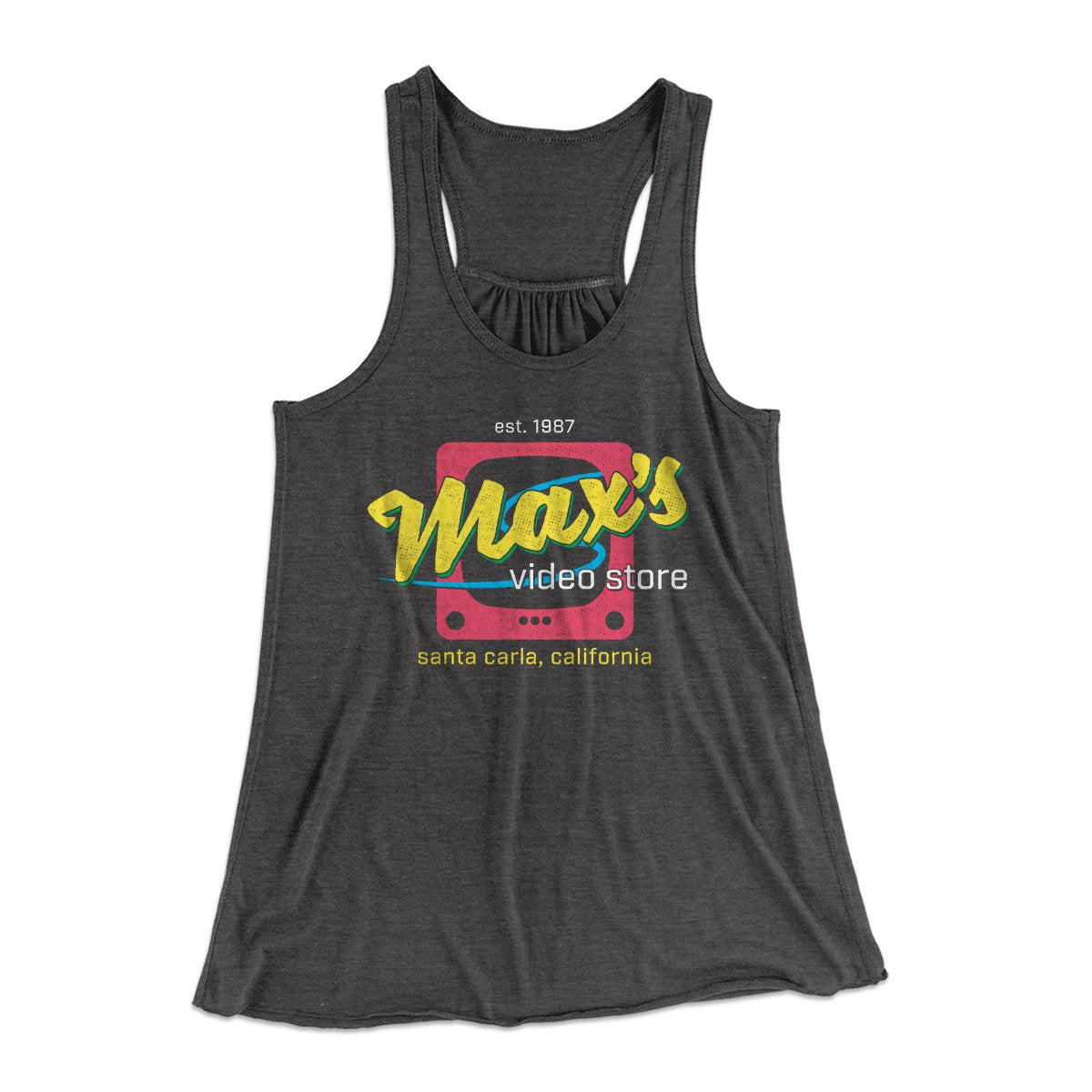 Max's Video Store Women's Flowey Tank Top Dark Grey Heather | Funny Shirt from Famous In Real Life