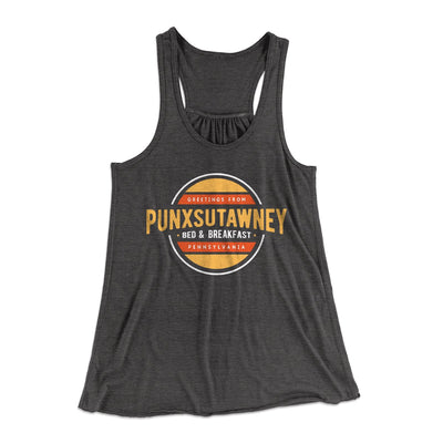 Punxsutawney Bed and Breakfast Women's Flowey Tank Top Dark Grey Heather | Funny Shirt from Famous In Real Life