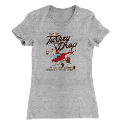 WKRP Turkey Drop Funny Thanksgiving Women's T-Shirt Heather Grey | Funny Shirt from Famous In Real Life
