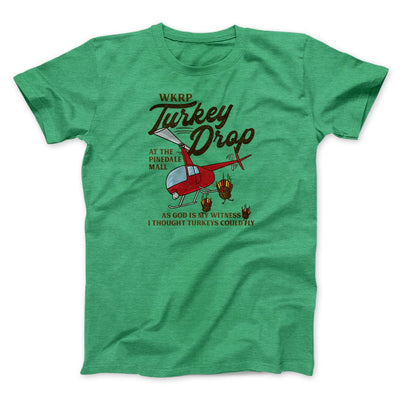 WKRP Turkey Drop Funny Thanksgiving Men/Unisex T-Shirt Heather Kelly | Funny Shirt from Famous In Real Life