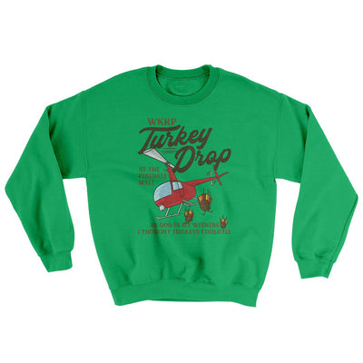 WKRP Turkey Drop Ugly Sweater Irish Green | Funny Shirt from Famous In Real Life