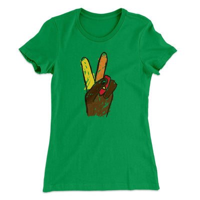 Peace Sign Hand Turkey Funny Thanksgiving Women's T-Shirt Kelly Green | Funny Shirt from Famous In Real Life