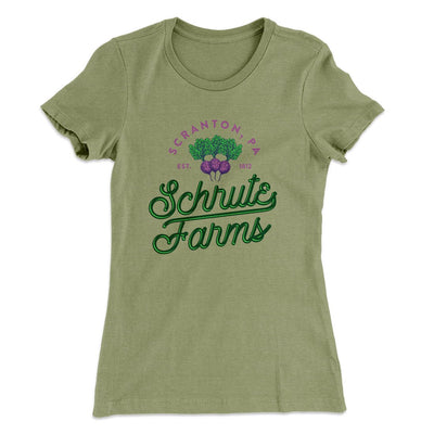 Schrute Farms Women's T-Shirt Light Olive | Funny Shirt from Famous In Real Life