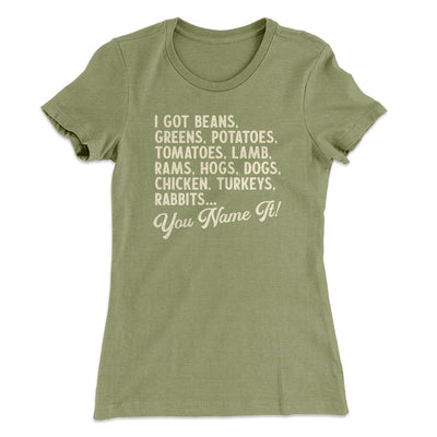 You Name It Funny Thanksgiving Women's T-Shirt Light Olive | Funny Shirt from Famous In Real Life