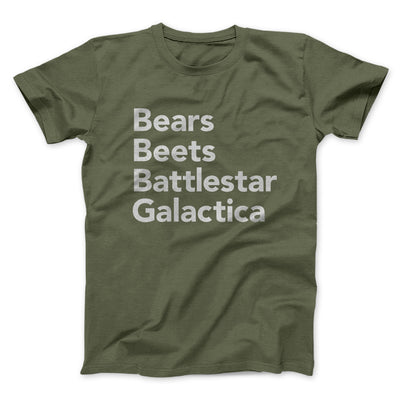 Bears, Beets, Battlestar Galactica Men/Unisex T-Shirt Olive | Funny Shirt from Famous In Real Life
