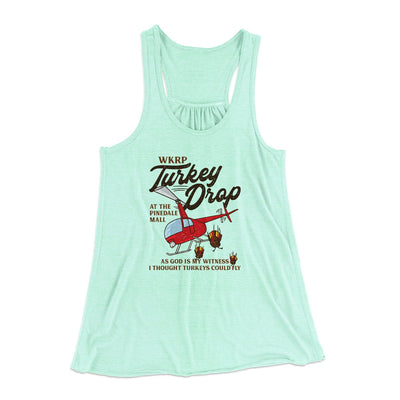 WKRP Turkey Drop Funny Thanksgiving Women's Flowey Tank Top Mint | Funny Shirt from Famous In Real Life