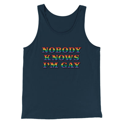 Nobody Knows I'm Gay Men/Unisex Tank Top Heather Navy | Funny Shirt from Famous In Real Life