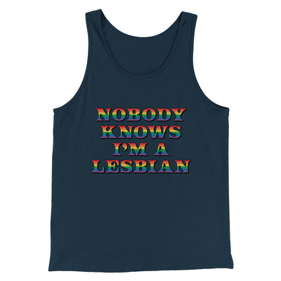 Nobody Knows I'm A Lesbian Men/Unisex Tank Top Heather Navy | Funny Shirt from Famous In Real Life