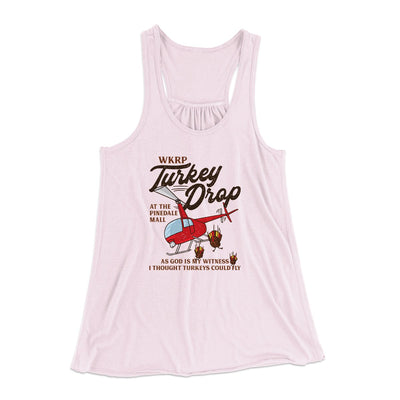 WKRP Turkey Drop Funny Thanksgiving Women's Flowey Tank Top Soft Pink | Funny Shirt from Famous In Real Life