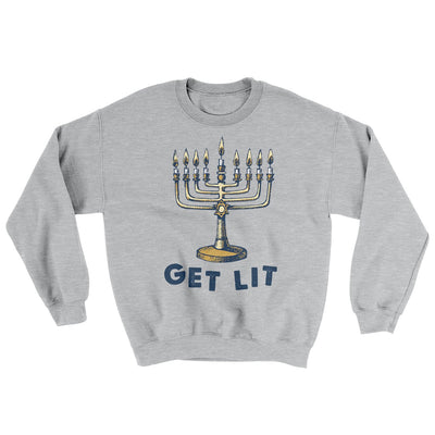 Get Lit for Hanukkah Ugly Sweater Sport Grey | Funny Shirt from Famous In Real Life