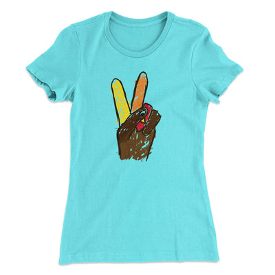 Peace Sign Hand Turkey Funny Thanksgiving Women's T-Shirt Tahiti Blue | Funny Shirt from Famous In Real Life