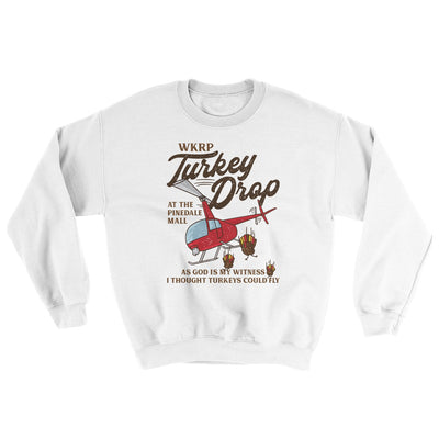WKRP Turkey Drop Ugly Sweater White | Funny Shirt from Famous In Real Life