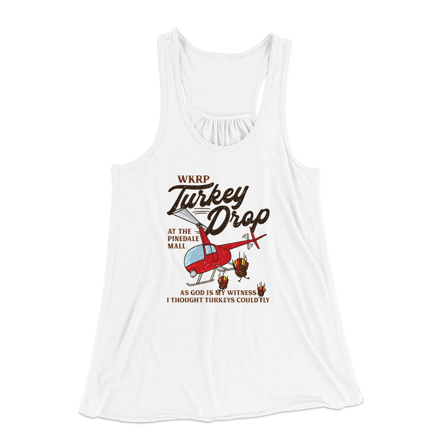 WKRP Turkey Drop Funny Thanksgiving Women's Flowey Tank Top | Funny Shirt from Famous In Real Life