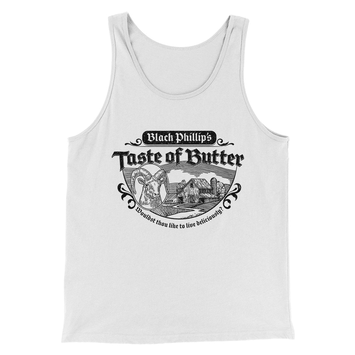 Black Phillip's Taste Of Butter Funny Movie Men/Unisex Tank Top White/Black | Funny Shirt from Famous In Real Life