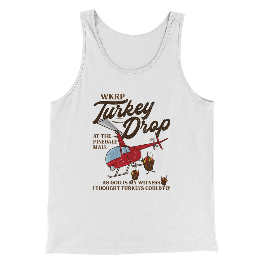 WKRP Turkey Drop Funny Thanksgiving Men/Unisex Tank Top | Funny Shirt from Famous In Real Life