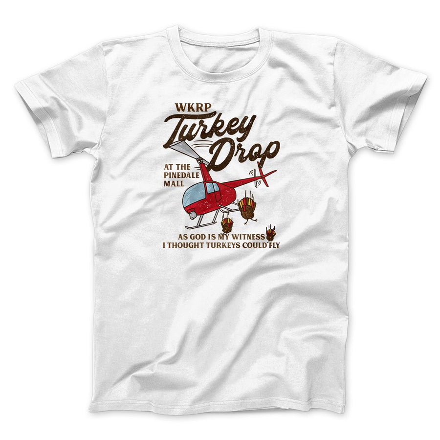 WKRP Turkey Drop Funny Thanksgiving Men/Unisex T-Shirt White | Funny Shirt from Famous In Real Life