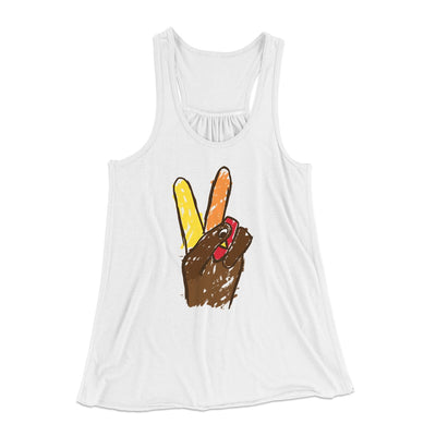 Peace Sign Hand Turkey Funny Thanksgiving Women's Flowey Tank Top White | Funny Shirt from Famous In Real Life