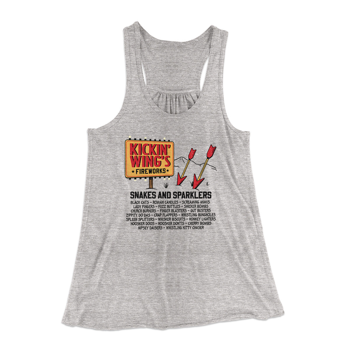 Kickin' Wing's Fireworks Women's Flowey Racerback Tank Top Athletic Heather | Funny Shirt from Famous In Real Life