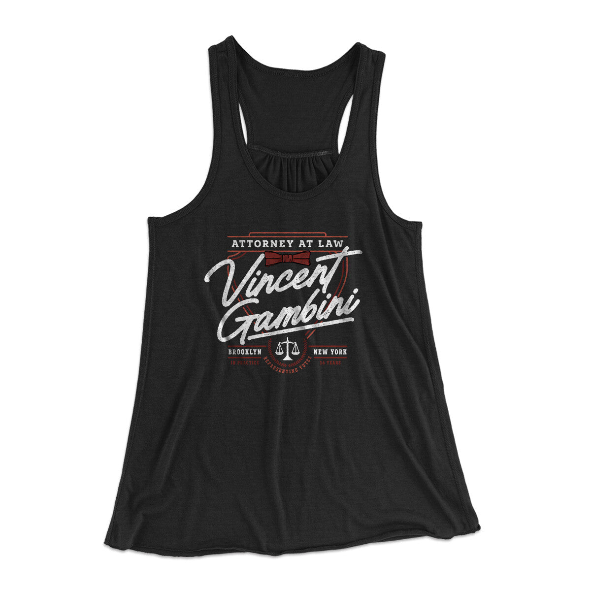Vincent Gambini Attorney Women's Flowey Racerback Tank Top Black | Funny Shirt from Famous In Real Life
