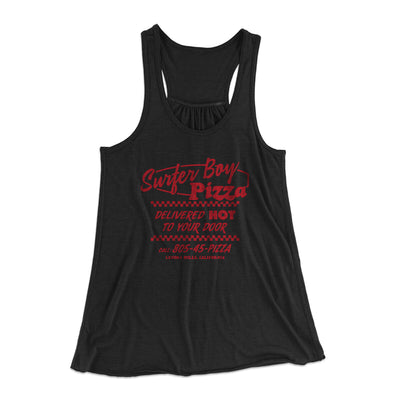 Surfer Boy Pizza Women's Flowey Racerback Tank Top Black | Funny Shirt from Famous In Real Life