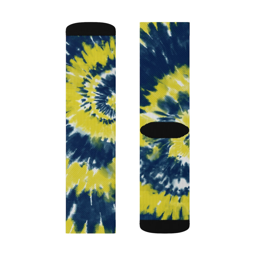 Navy Blue & Yellow Tie Dye Adult Crew Socks | Funny Shirt from Famous In Real Life
